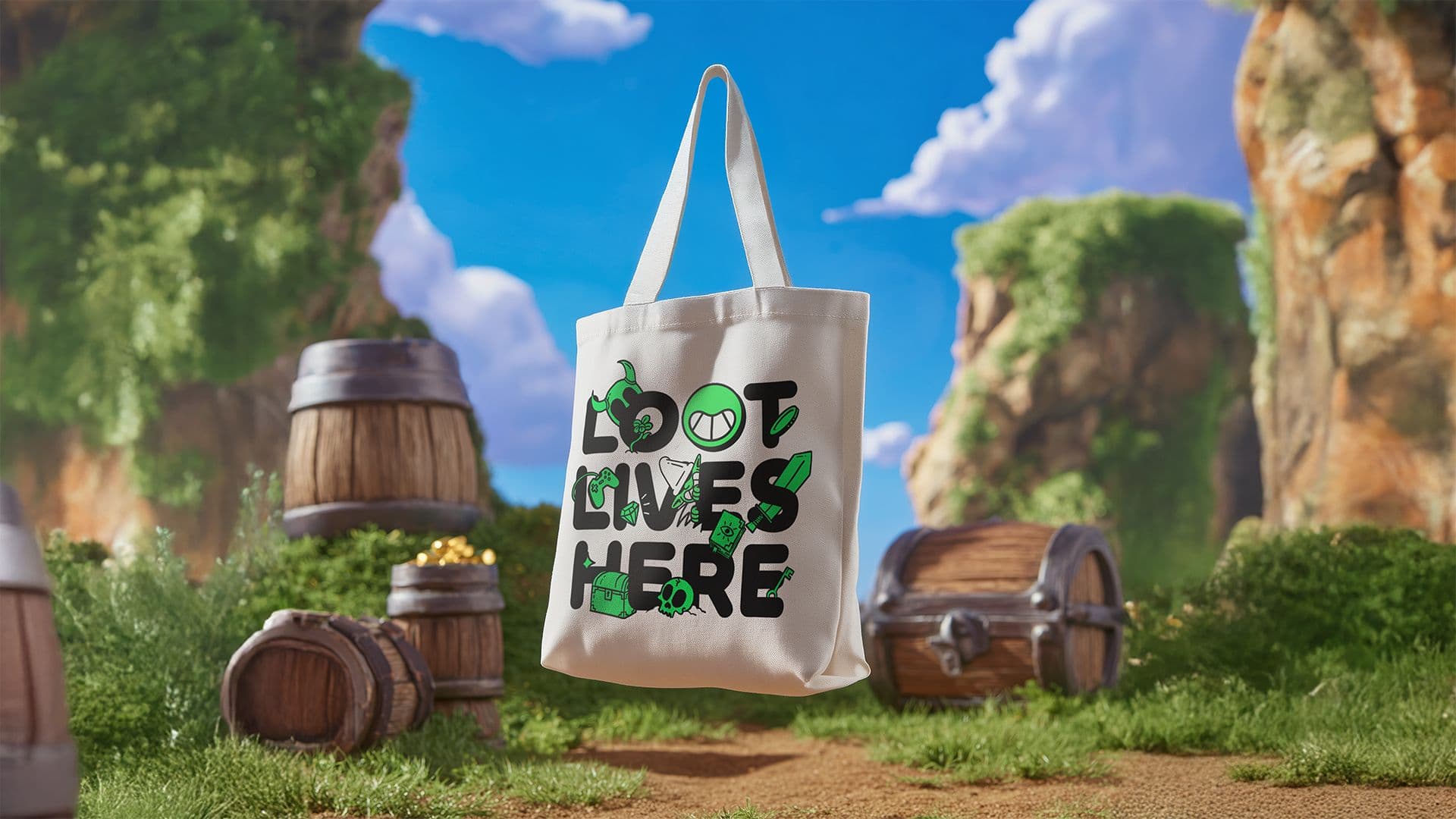 A floating tote bag in a video game world that says Loot Lives Here, with numerous video game objects and the Marblex Mascot intertwined with the typography.