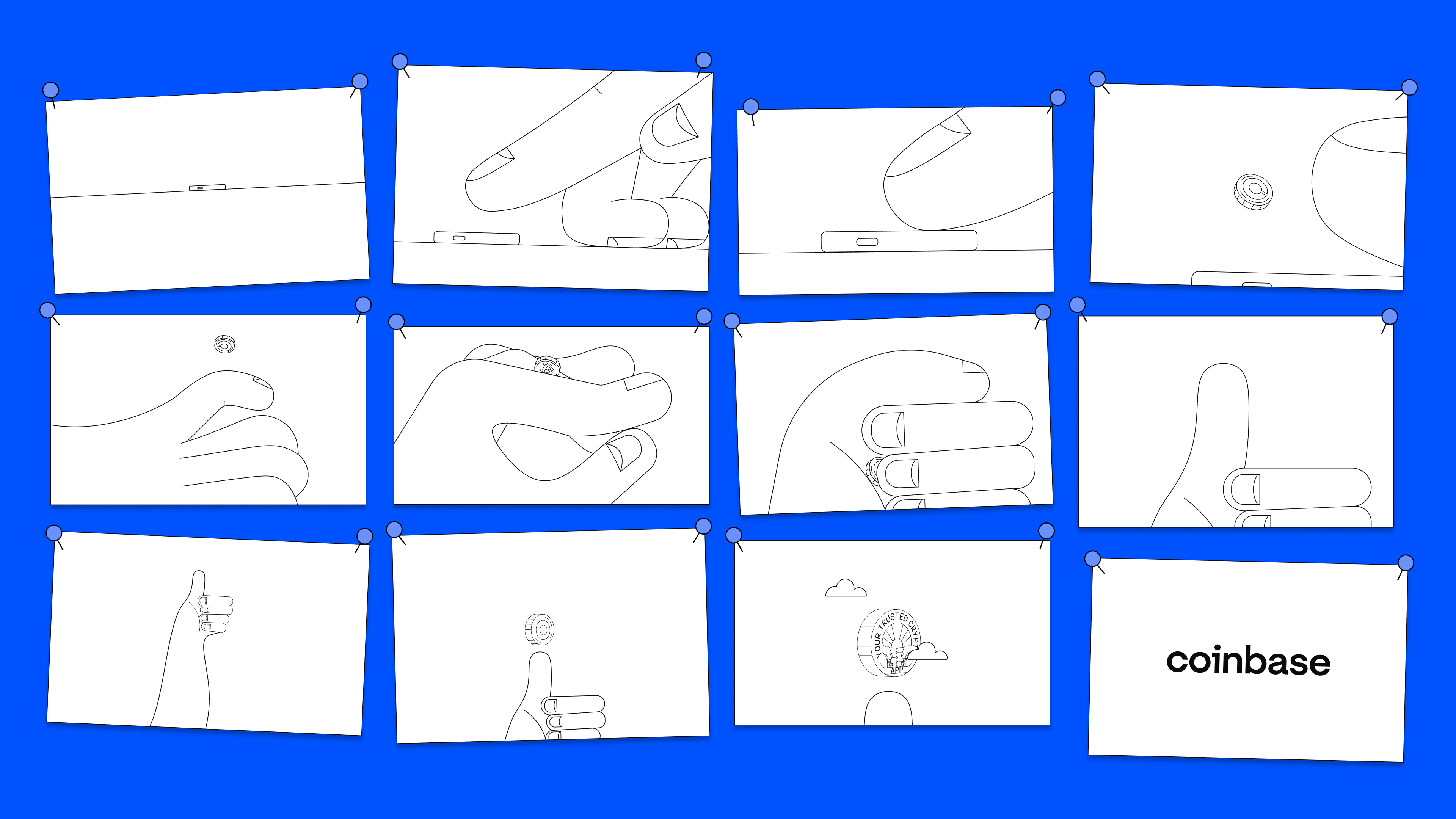 Step-by-step line drawing of a giant hand flipping a coin—from picking it up, tossing, to catching it. Last frame shows the word 'coinbase' on a white background. All images set on a blue background.