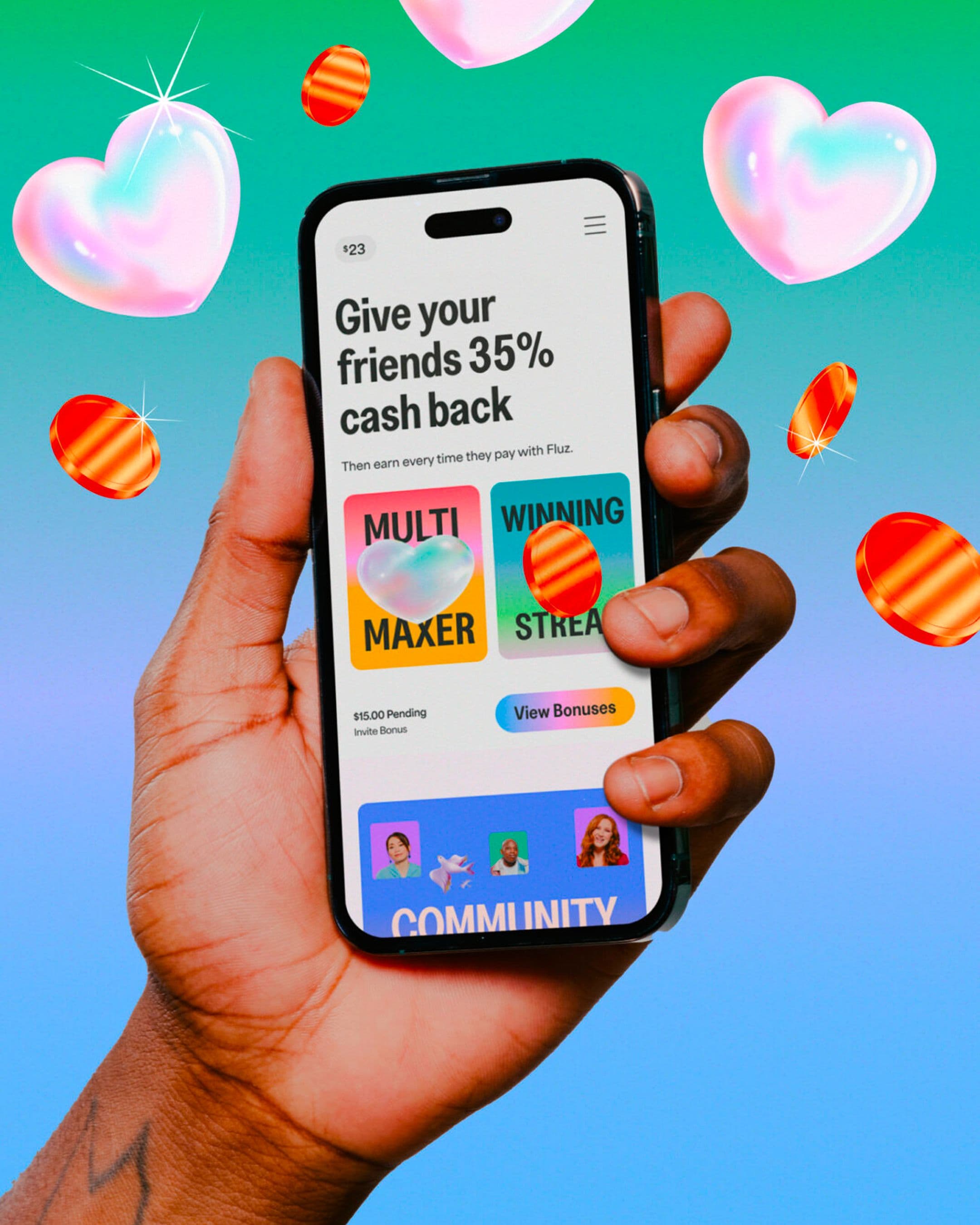 A hand holds a smartphone displaying a cashback referral offer, colorful buttons, and icons. The background is a gradient with floating 3D hearts and striped spheres, creating a vibrant, playful atmosphere.
