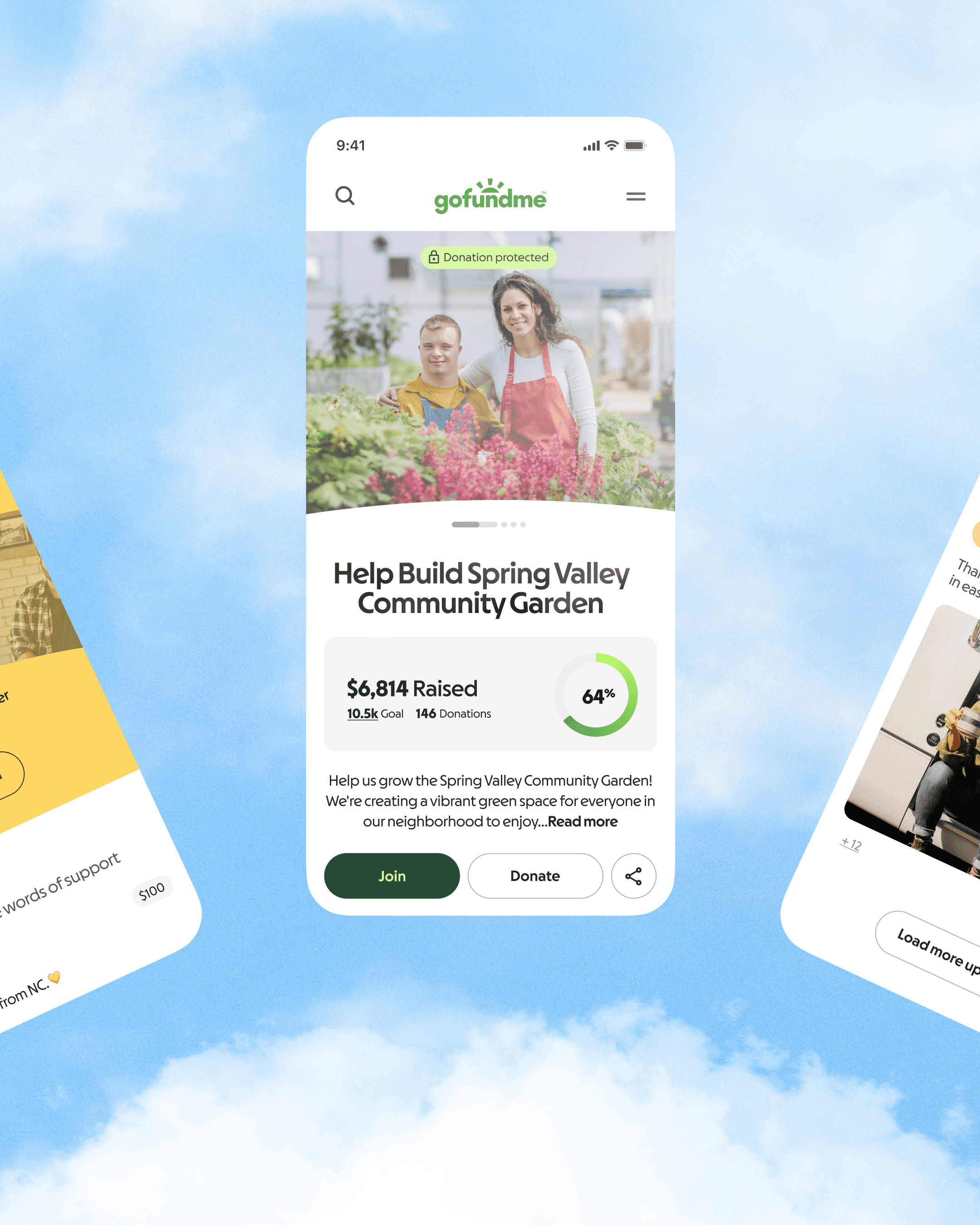 A smartphone screen displays a GoFundMe page for the Spring Valley Community Garden fundraiser, showing a photo of two people in a garden, the amount raised, donation percentage, and Join and Donate buttons.