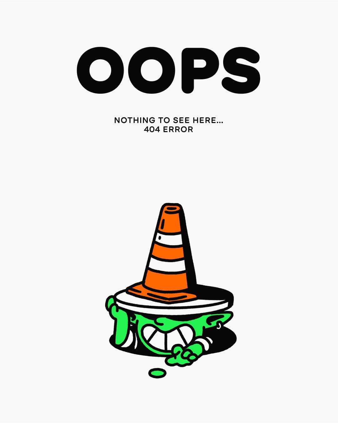 A 404 Error page that shows the Marblex mascot reaching for a token from within a manhole with a construction cone on its head. The text reads, 'Oops – Nothing to see here... 404 error'