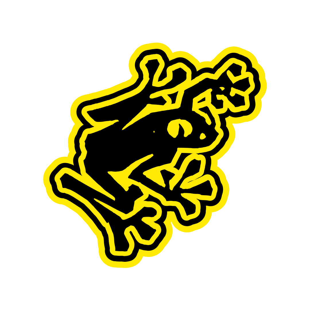 Black tree frog silhouette with yellow border.