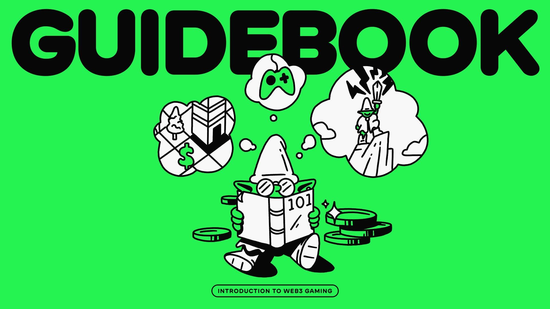 A visual for the Marblex Guidebook. An illustration shows the mascot reading a 101 book and imagining various gaming experiences.